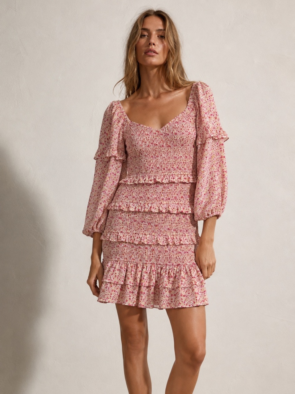 Storia | M | Smocked Pink Floral Ruffle Midi Dress